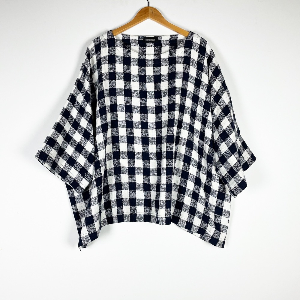 Eskandar Linen Cotton Gingham Check Print Pattern Oversized Blouse Top Blue 1